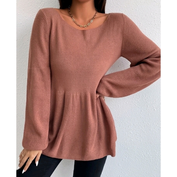 Round neck Bishop Sleeve Ruffle Hem Sweater - Picture 5 of 10
